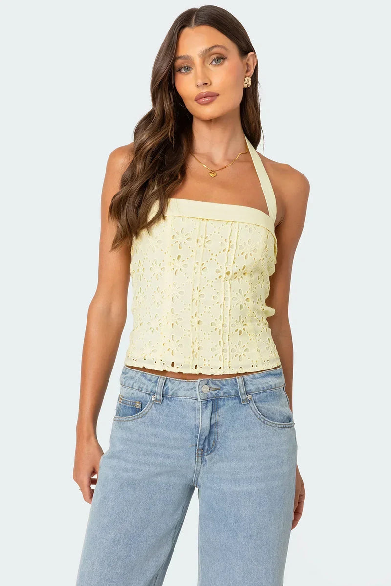 Strapless Broderie Crop Top for Women with Smocked Back in Yellow, front view 2