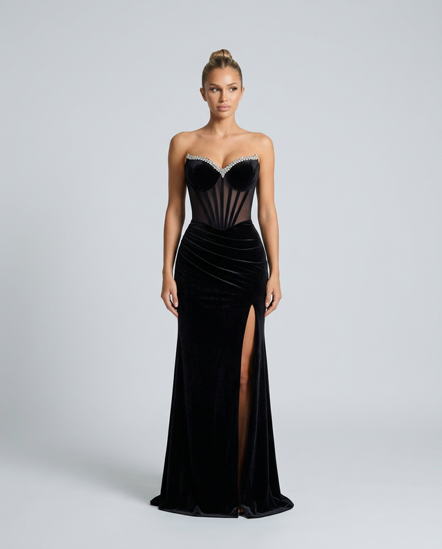 Strapless Corset Gown for Women with Rhinestone Trim and Side Slit in Black, front view
