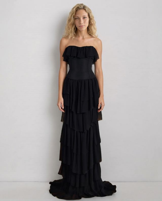 Strapless Corset Maxi Dress for Women with Tiered Ruffle Skirt in Black, front view