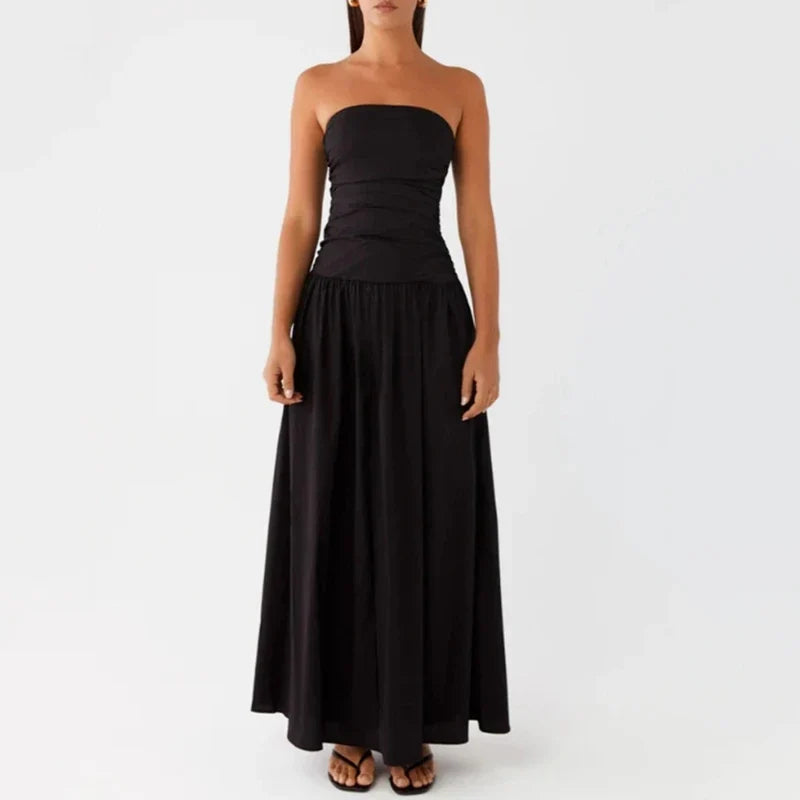 Strapless Drop Waist Maxi Dress for Women with Ruched Bodice and Full Skirt in Black, front view