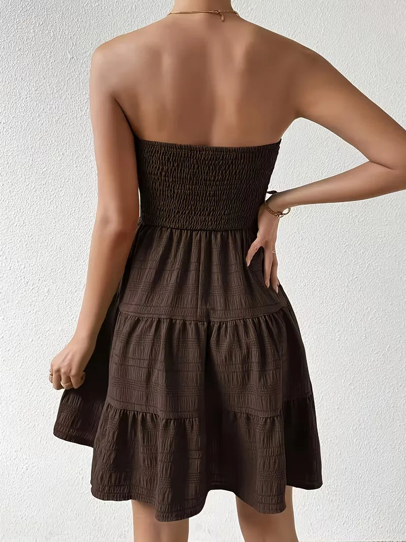 Strapless Smocked Mini Dress for Women with Tiered Textured Skirt in Brown, back view