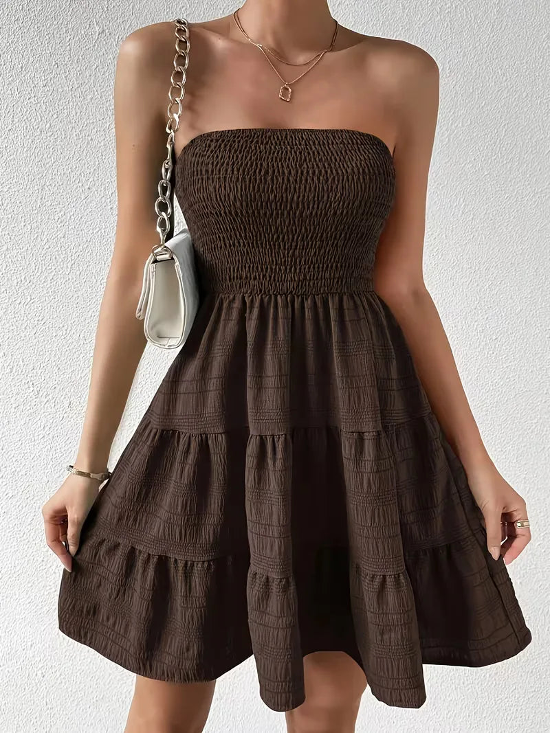 Strapless Smocked Mini Dress for Women with Tiered Textured Skirt in Brown, full front view