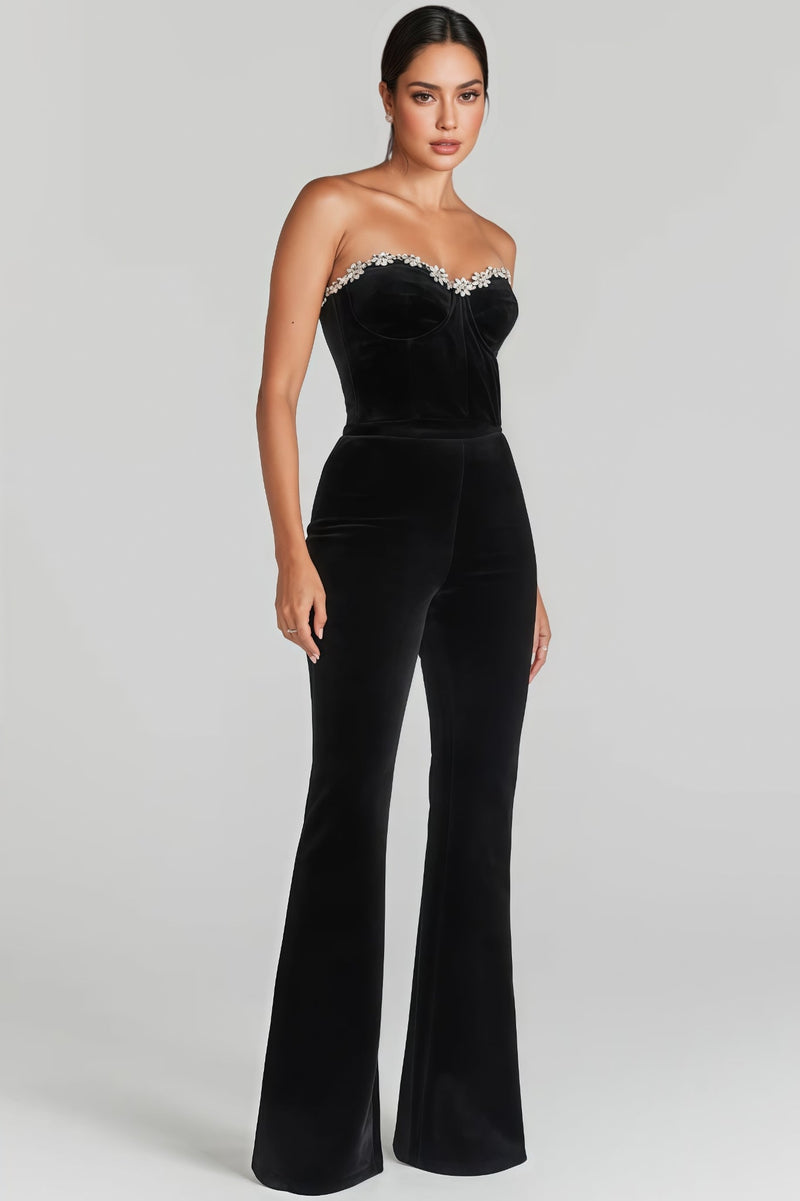 Strapless Velvet Jumpsuit for Women with Rhinestone Trim and Flared Leg in Black, front view 4