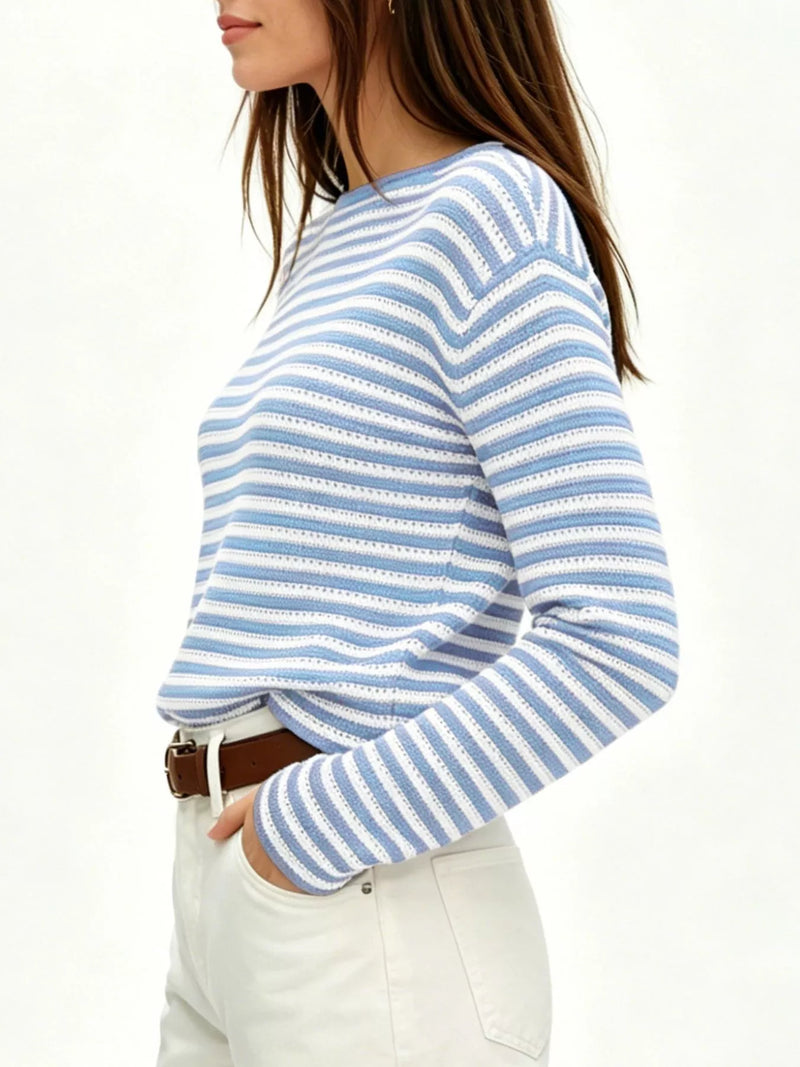 Striped Sweater for Women with Boat Neck and Airy Textured Knit in Blue, side view