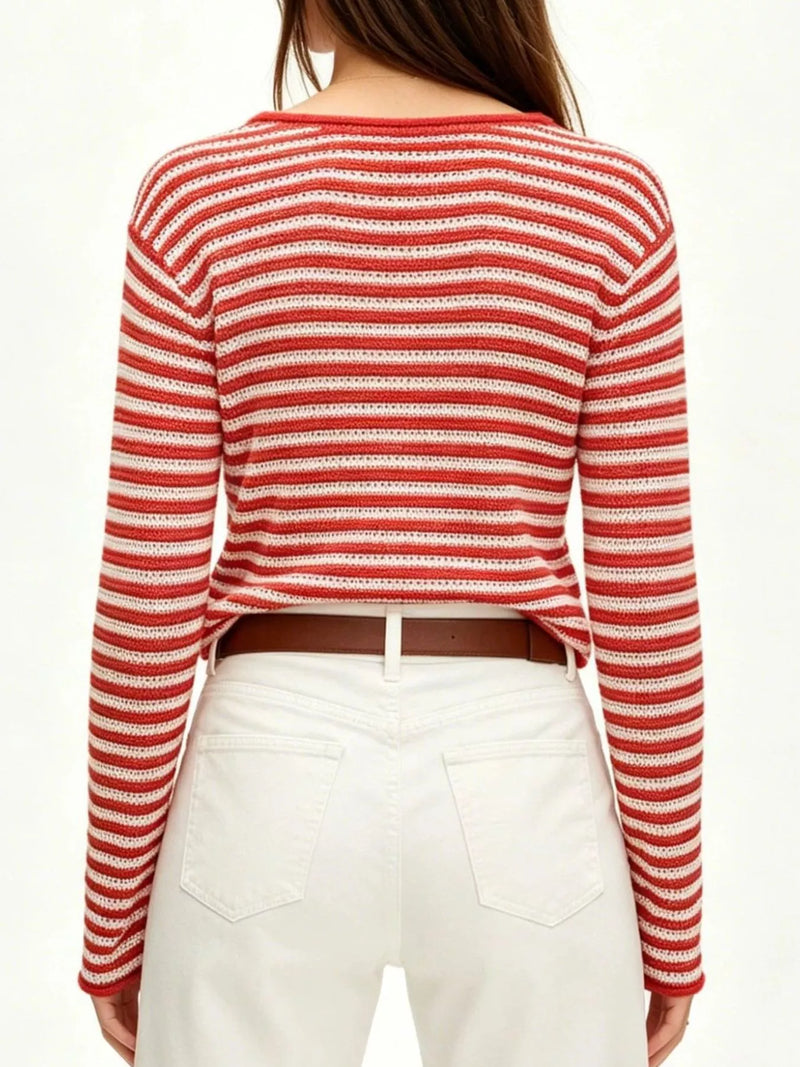 Striped Sweater for Women with Boat Neck and Airy Textured Knit in Red, back view