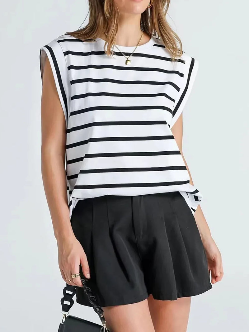 Striped T Shirt for Women with Cap Sleeves and Contrast Trim in White, front view 2