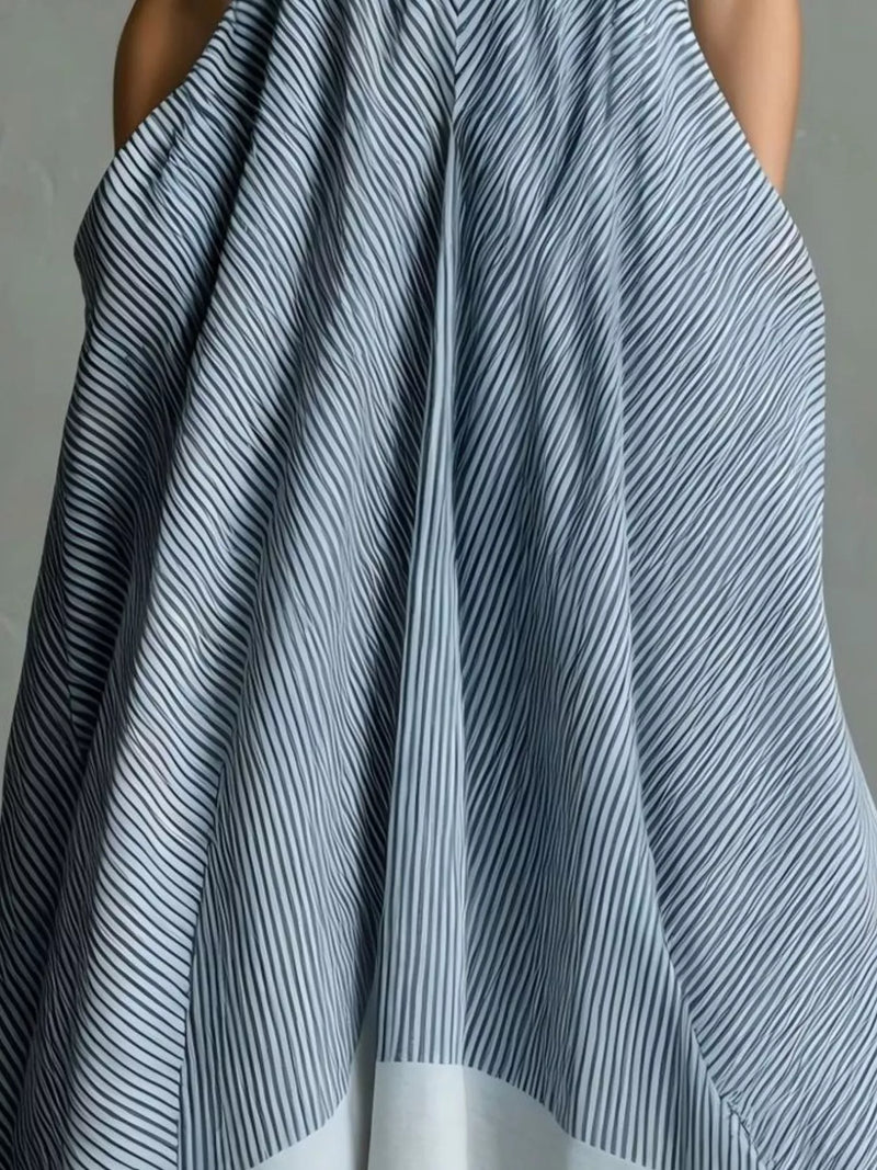 Striped Halter Maxi Dress for Women with Pockets and Plunge V-Neck in Light Blue, skirt detail