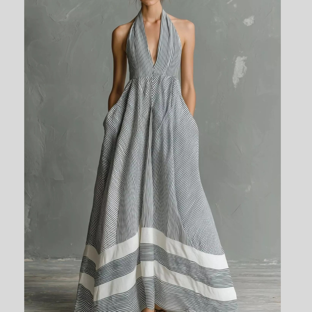 Striped Halter Maxi Dress for Women with Pockets and Plunge V-Neck in Light Gray, front view