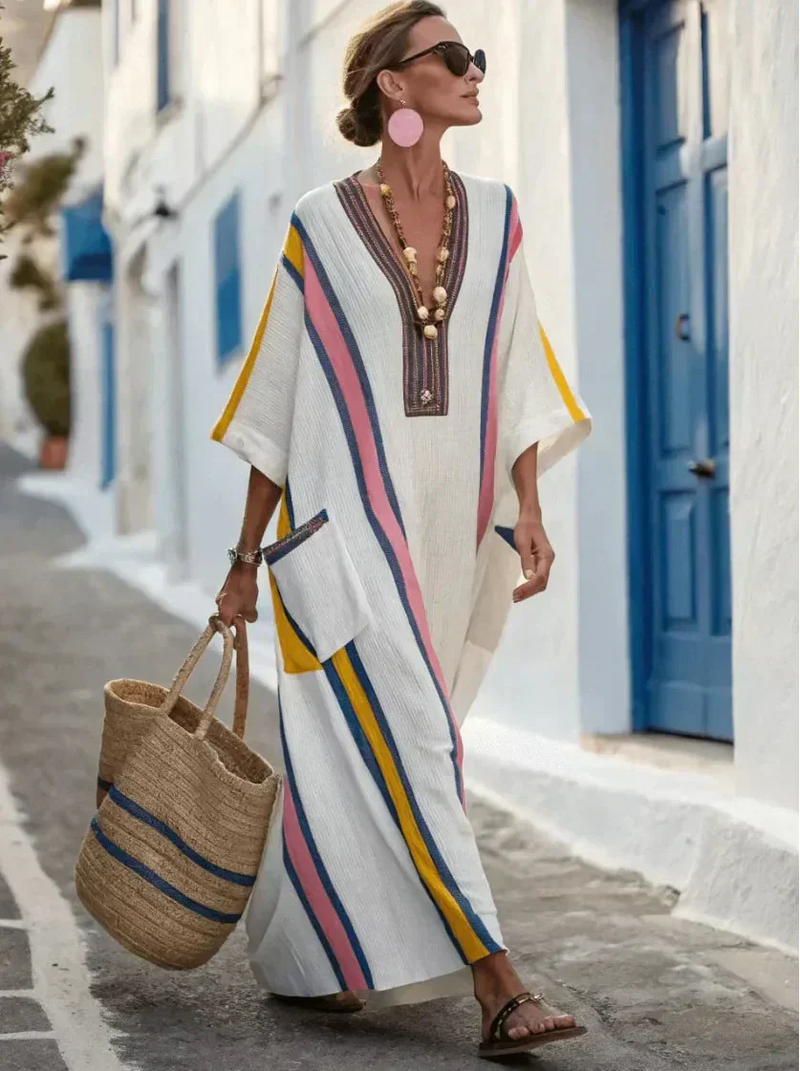 Striped Kaftan Maxi Dress for Women with V Neck and Patch Pockets in Pink Stripe, walking view