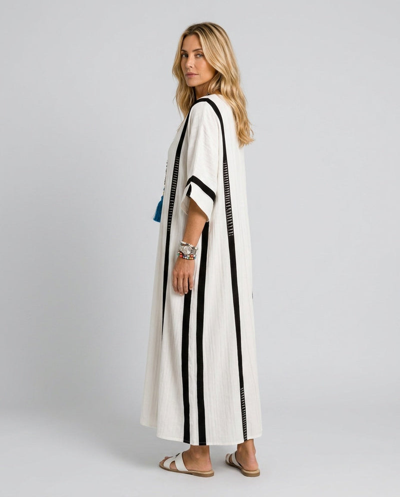 Striped Kaftan Maxi Dress for Women with Short Sleeves and Split Neck in White, side view