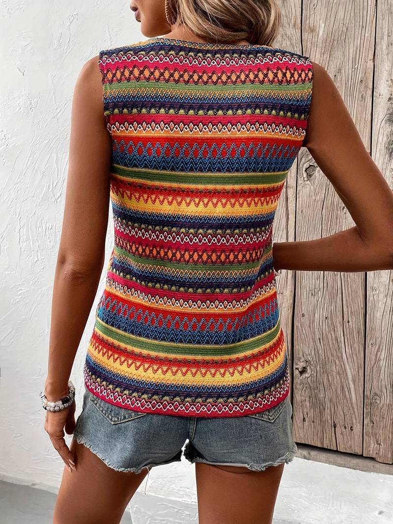 Striped Knit Tank Top for Women with Geometric Pattern and Crew Neck in Multicolor, back view