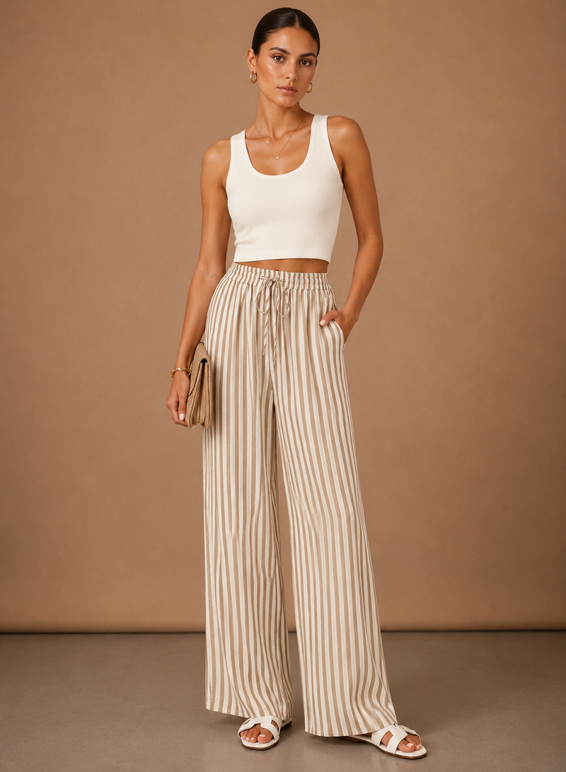 Striped Linen-Look Wide Leg Pants for Women with Drawstring and Pockets in Beige, styled front view