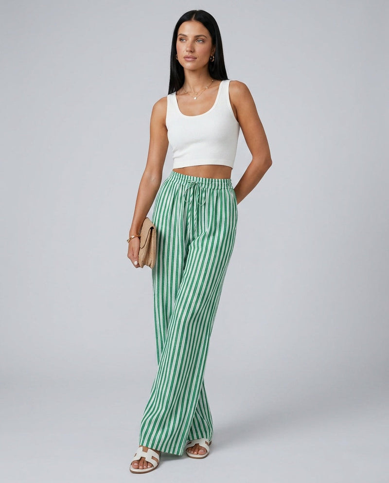 Striped Linen-Look Wide Leg Pants for Women with Drawstring and Pockets in Green, three-quarter view