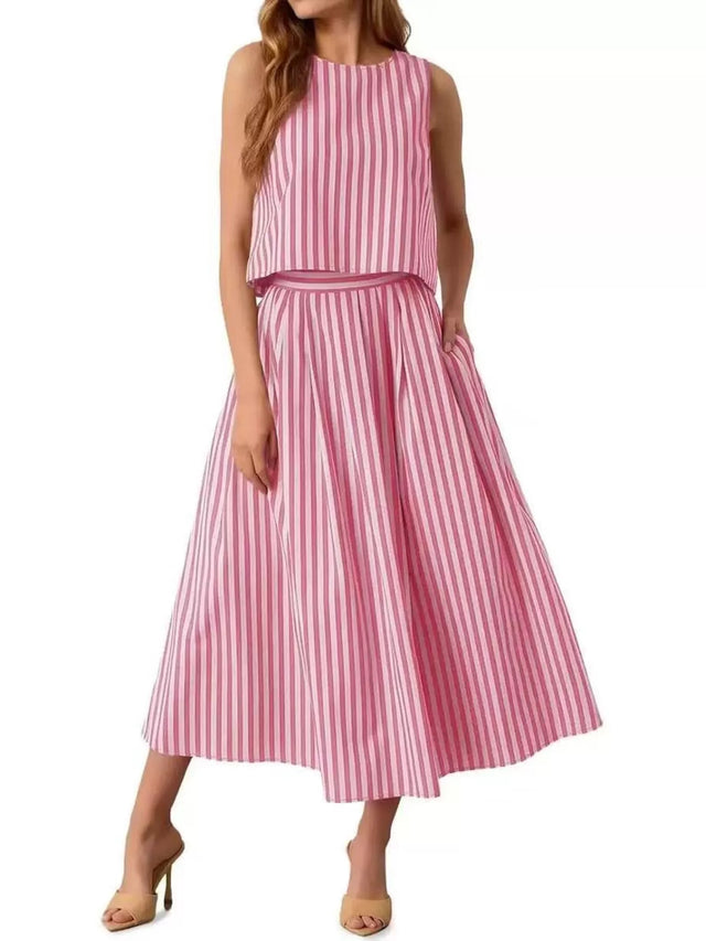 Striped Midi Skirt Set for Women with Sleeveless Top and Pockets in Pink, front view