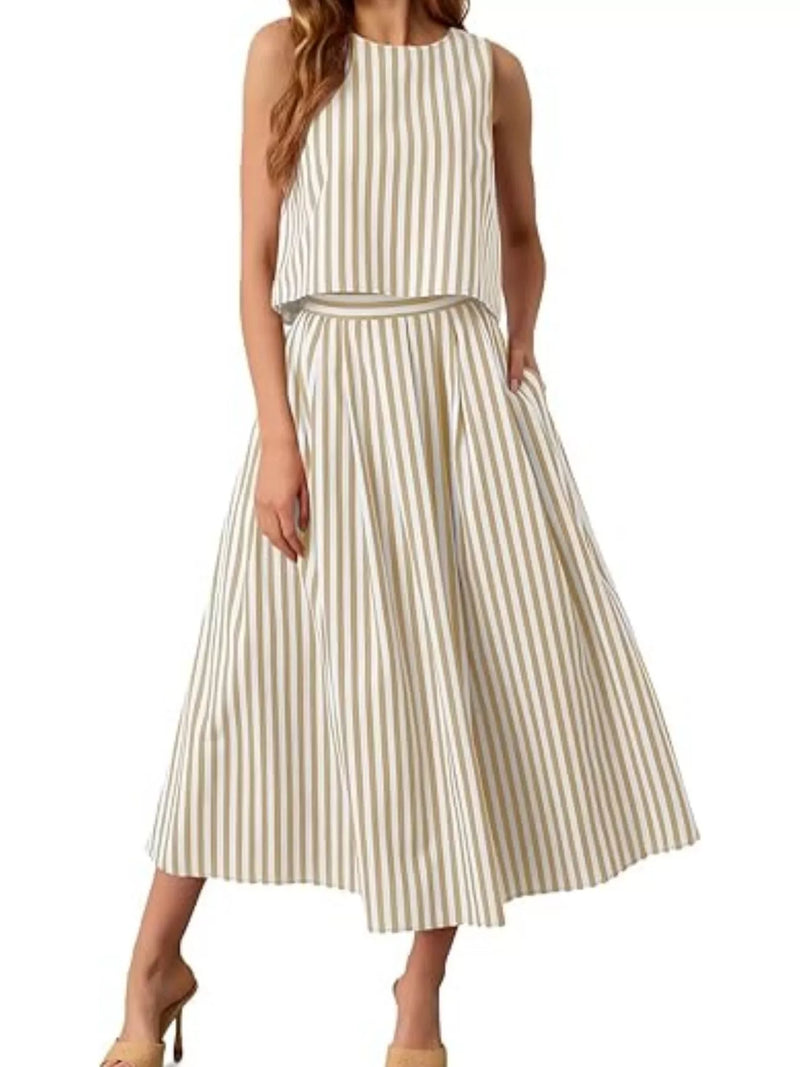 Striped Midi Skirt Set for Women with Sleeveless Top and Pockets in Tan, front view 2