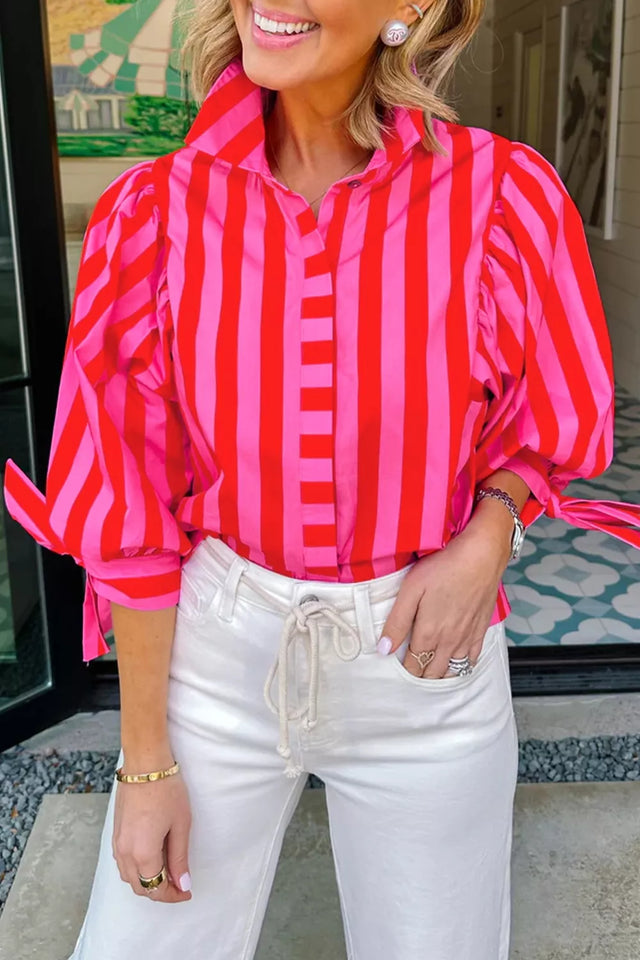 Striped Puff Sleeve Shirt for Women with Tie Cuffs and Collar in Pink Stripe, front view