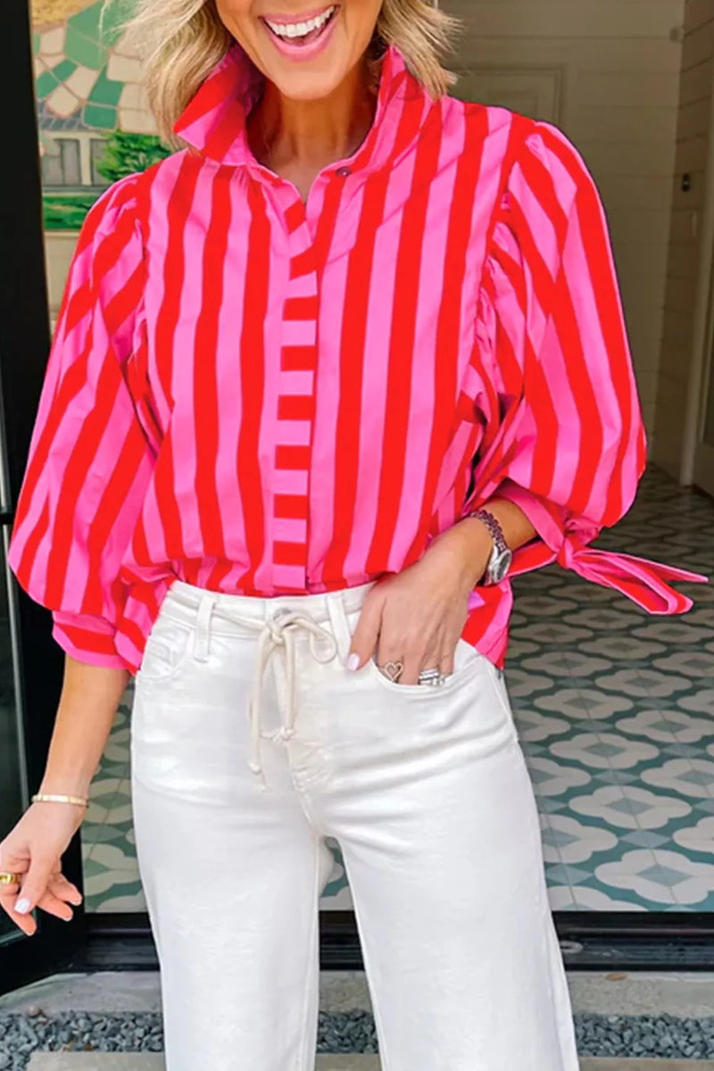 Striped Puff Sleeve Shirt for Women with Tie Cuffs and Collar in Pink Stripe, styled front view