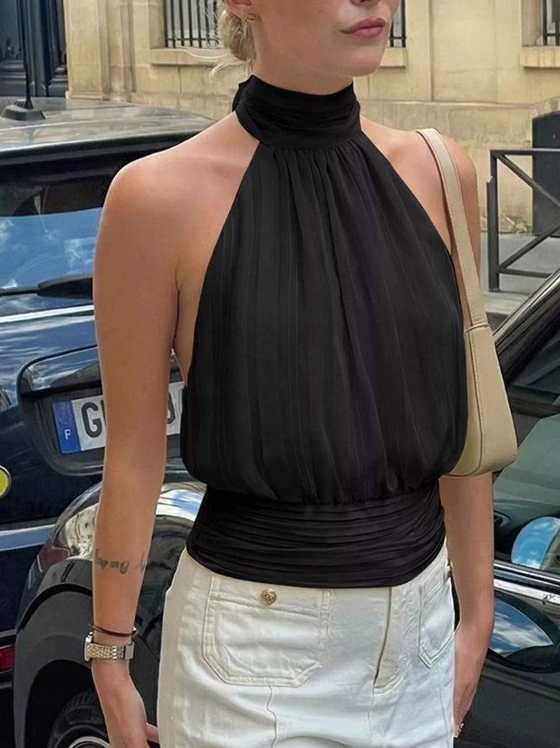 Striped Satin Halter Top for Women with High Neck and Open Tie Back in Black, front view