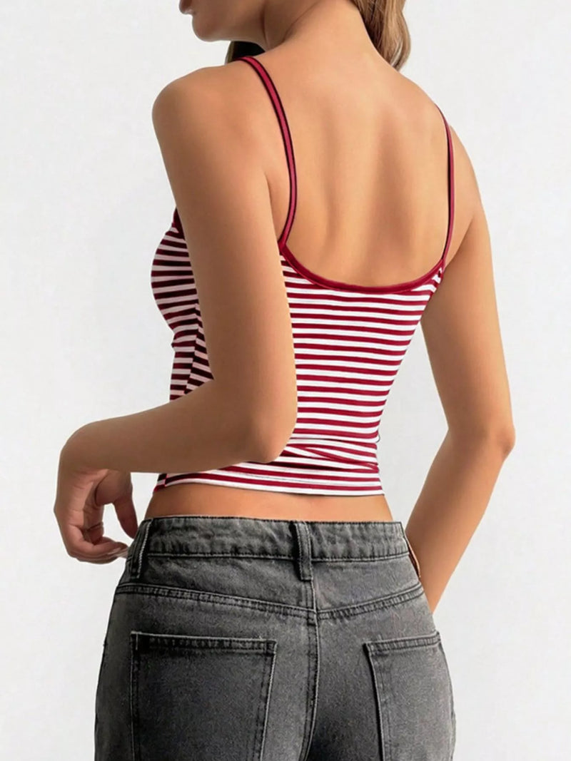 Striped Cami Top for Women with Scoop Neck and Contrast Trim in Wine Red, back view