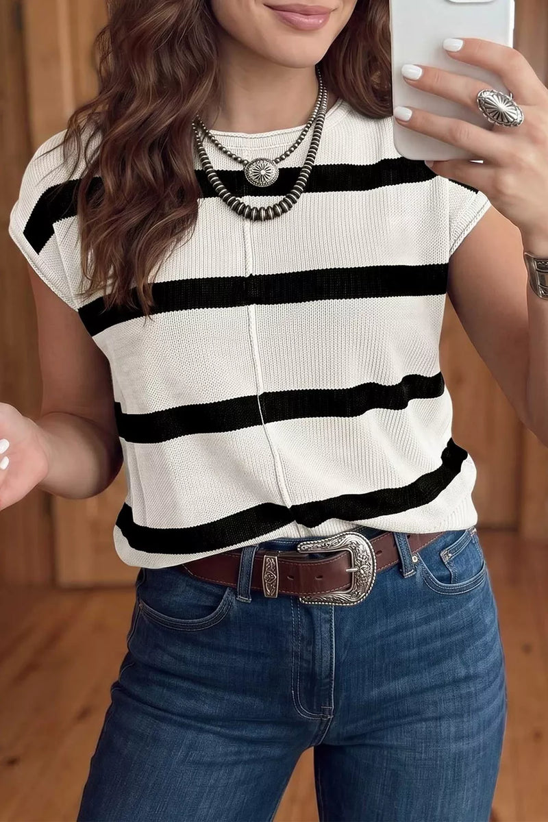 Striped Sweater for Women with Short Cap Sleeves and Crew Neck in White, front view
