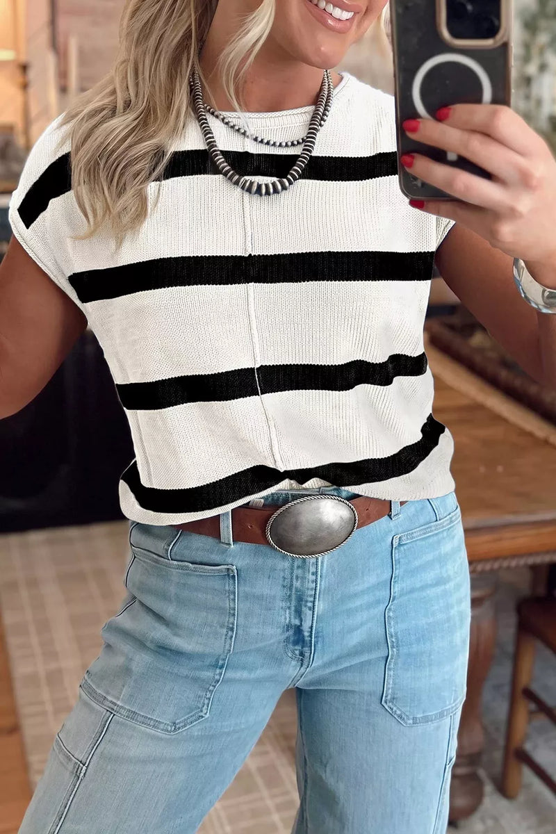 Striped Sweater for Women with Short Cap Sleeves and Crew Neck in White, front view 2
