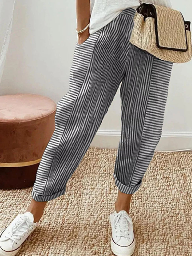 Striped Tapered Pants for Women with Pockets and Cuffed Hem in Black, front view