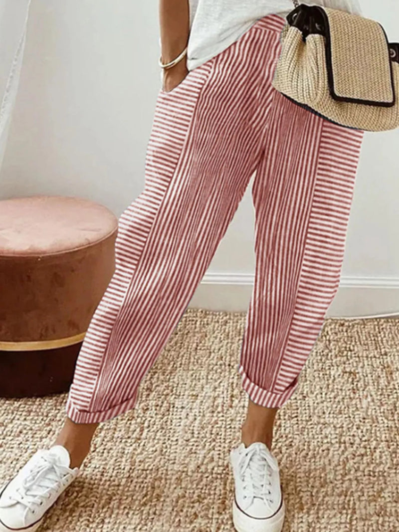 Striped Tapered Pants for Women with Pockets and Cuffed Hem in Coral, front view