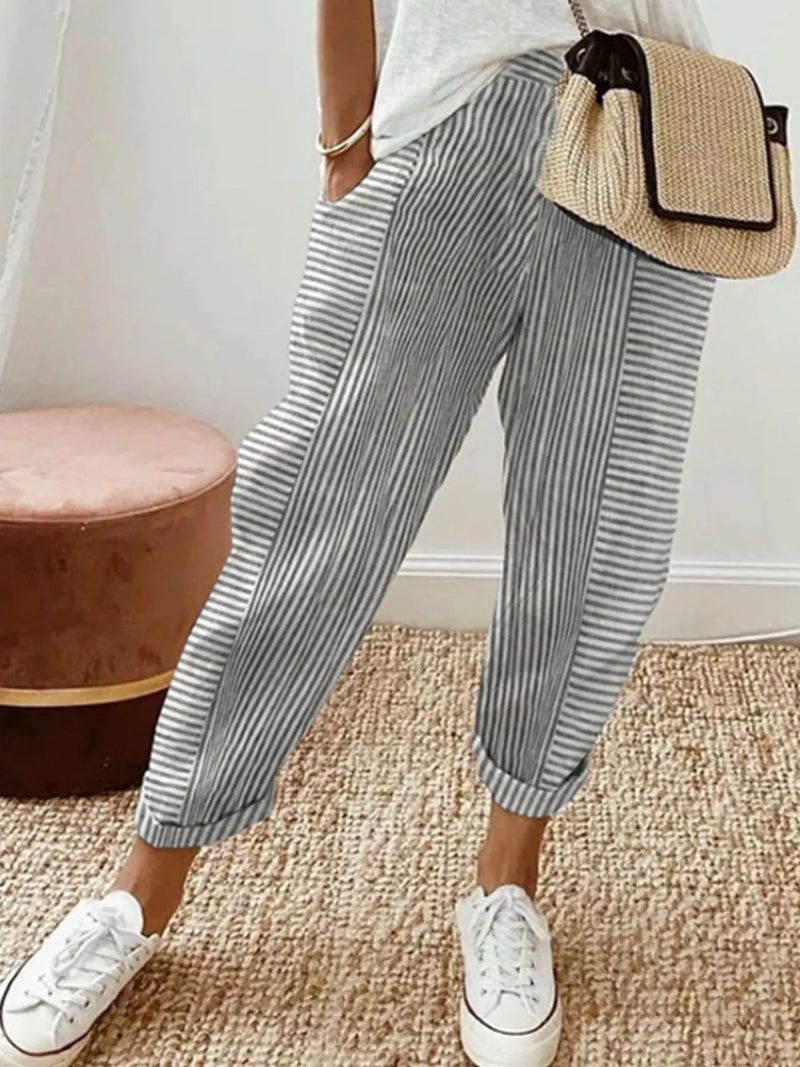 Striped Tapered Pants for Women with Pockets and Cuffed Hem in Light Gray, front view