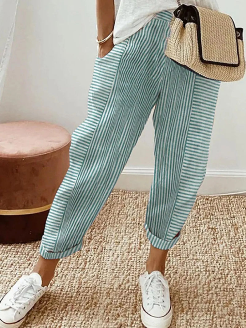 Striped Tapered Pants for Women with Pockets and Cuffed Hem in Light Green, front view
