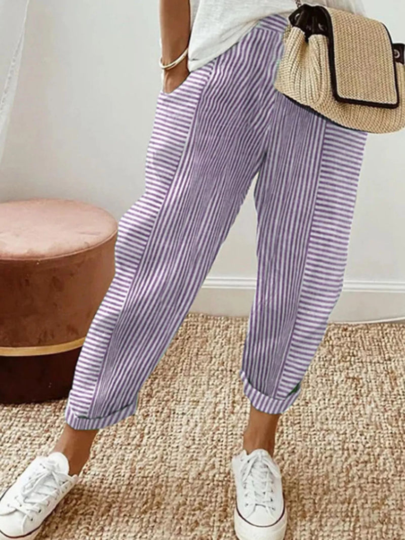 Striped Tapered Pants for Women with Pockets and Cuffed Hem in Light Purple, front view