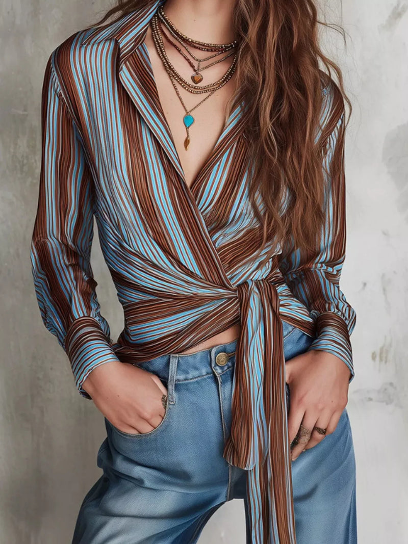 Striped Wrap Shirt for Women with Tie Front and Long Sleeves in Brown Stripe, front view on model