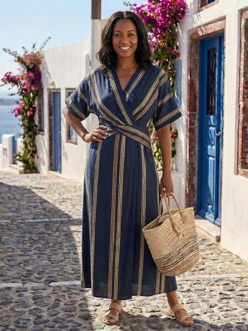 Striped Wrap Midi Dress for Women with V-Neck and Short Sleeves in Navy, styled view
