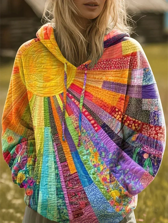 Oversized Hoodie for Women with Patchwork Sunburst Print and Ribbed Cuffs in Multicolor, front view