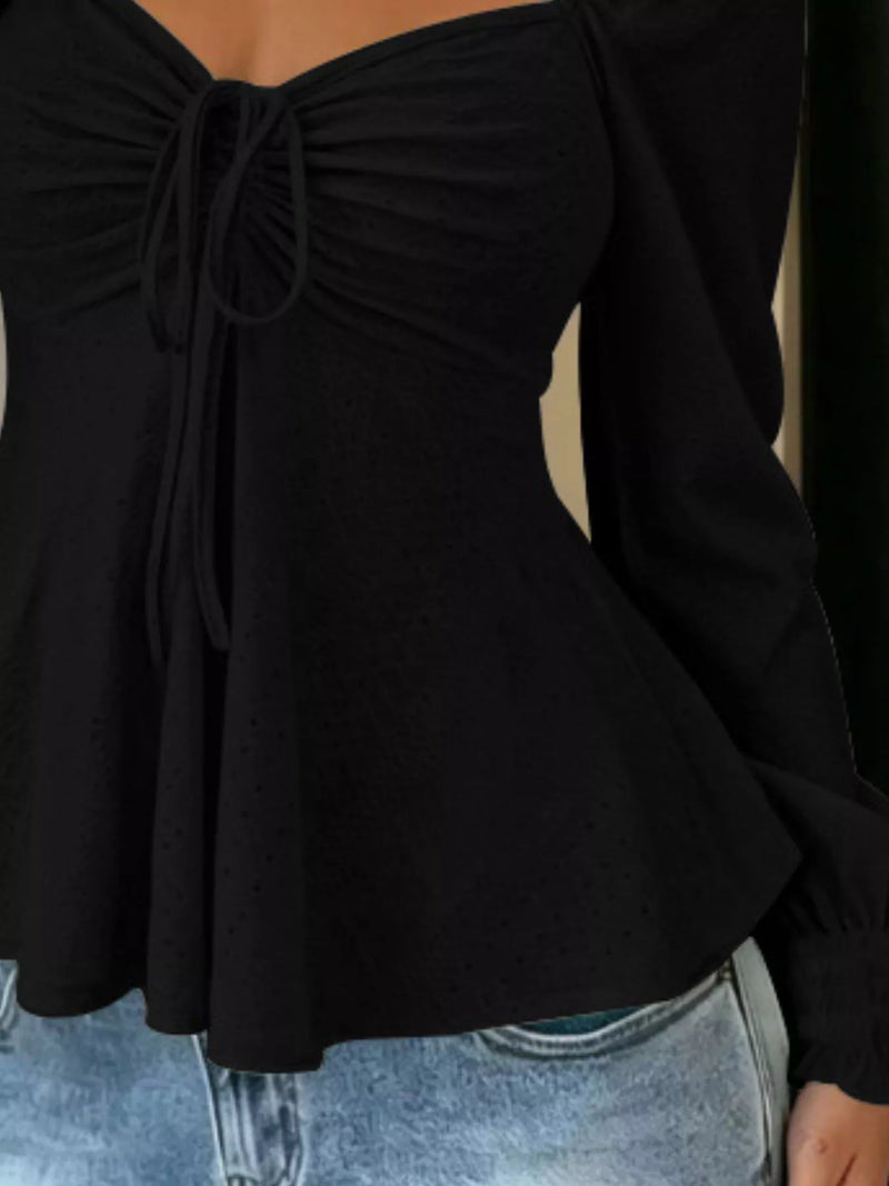 Long Sleeve Tie Front Top for Women with Sweetheart Neck and Peplum Hem in Black, close-up 2