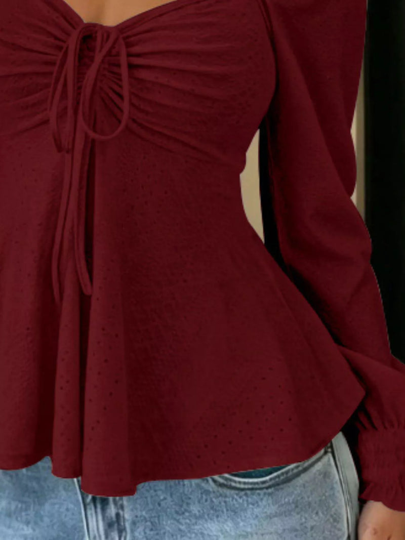 Long Sleeve Tie Front Top for Women with Sweetheart Neck and Peplum Hem in Burgundy, close-up 2