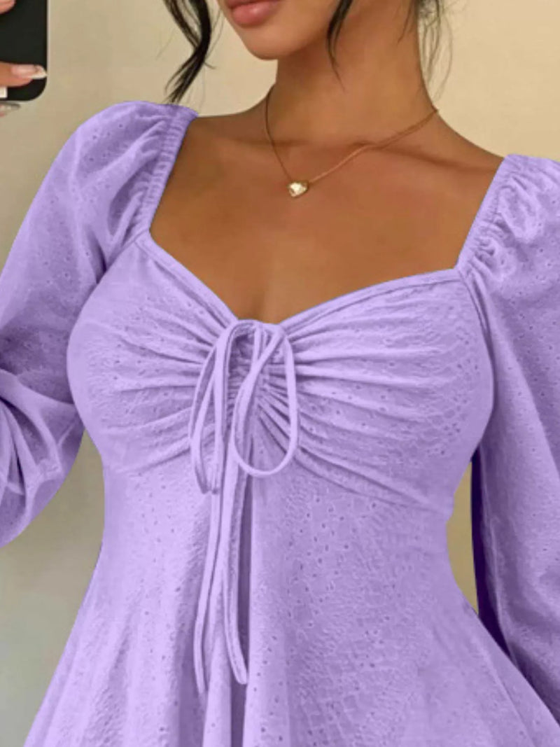 Long Sleeve Tie Front Top for Women with Sweetheart Neck and Peplum Hem in Lavender, close-up