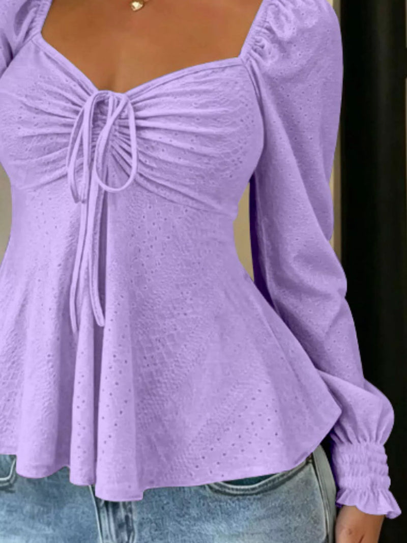 Long Sleeve Tie Front Top for Women with Sweetheart Neck and Peplum Hem in Lavender, close-up 2
