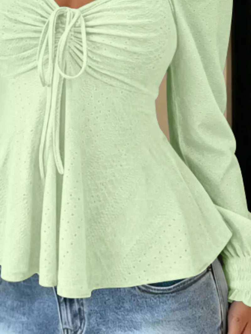 Long Sleeve Tie Front Top for Women with Sweetheart Neck and Peplum Hem in Mint Green, close-up 2