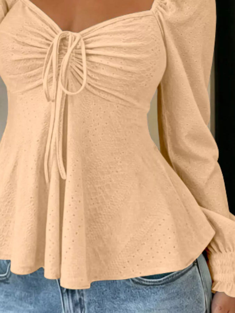 Long Sleeve Tie Front Top for Women with Sweetheart Neck and Peplum Hem in Peach, close-up 2