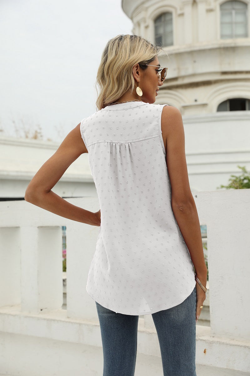 V-Neck Top for Women with Swiss Dot Texture and Button Placket in White, back view