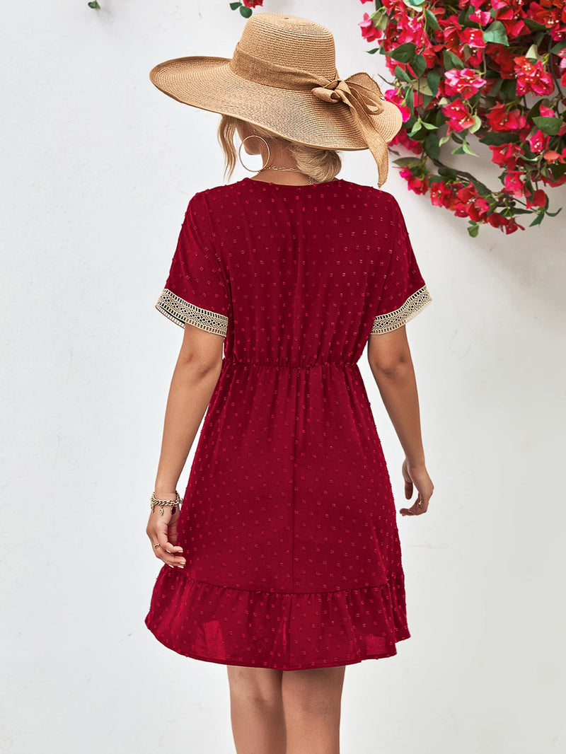 Swiss Dot V-Neck Mini Dress for Women with Lace Trim and Short Sleeves in Burgundy, back view