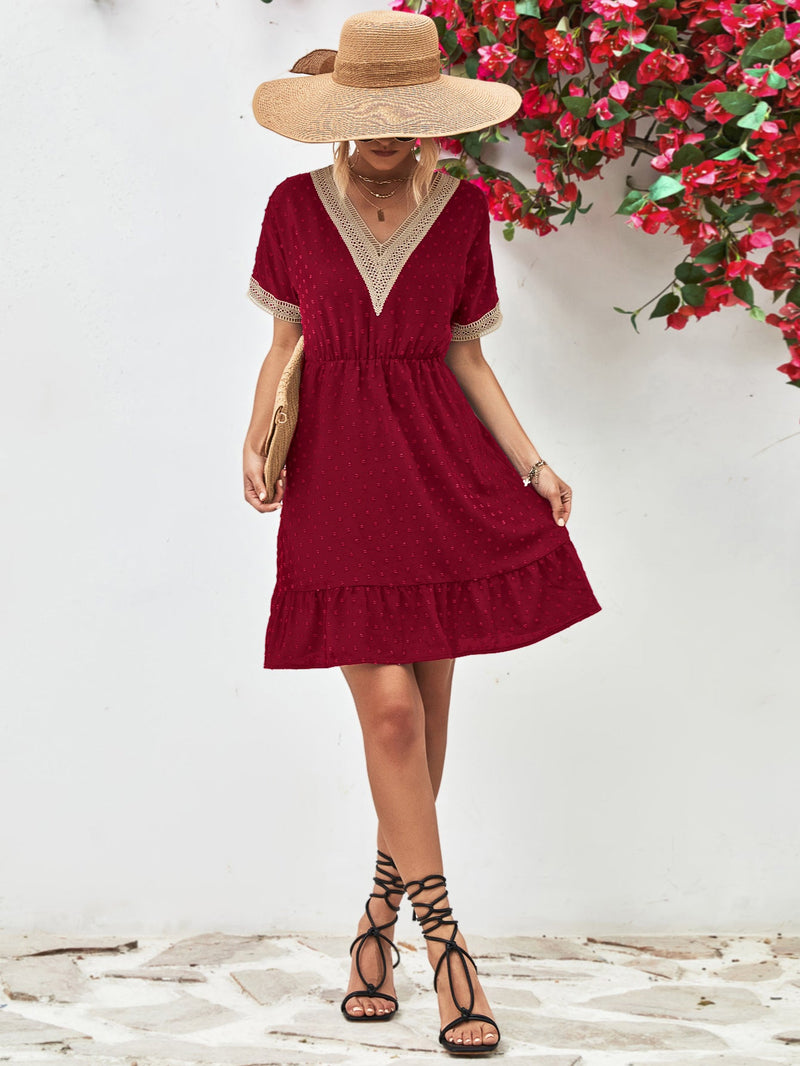 Swiss Dot V-Neck Mini Dress for Women with Lace Trim and Short Sleeves in Burgundy, full-length front view