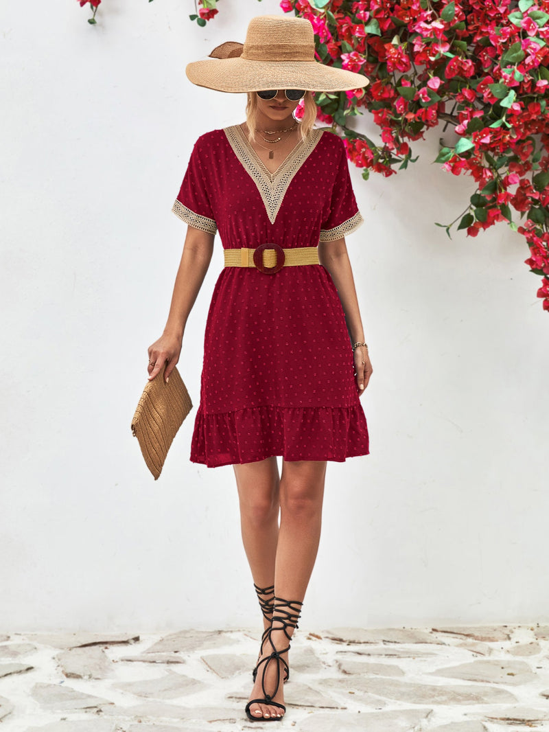 Swiss Dot V-Neck Mini Dress for Women with Lace Trim and Short Sleeves in Burgundy, full-length view with belt