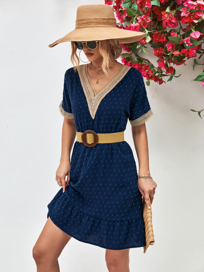 Swiss Dot V-Neck Mini Dress for Women with Lace Trim and Short Sleeves in Dark Blue, front view with belt