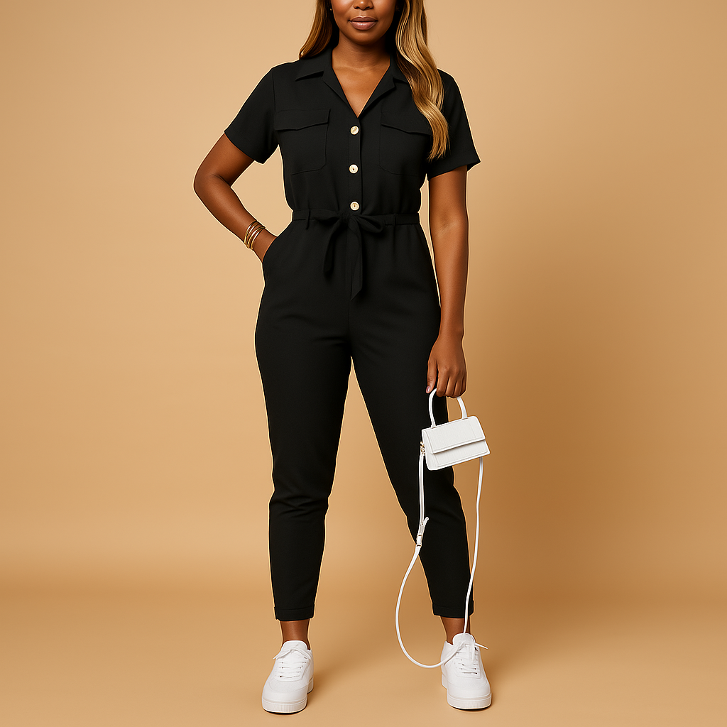 Women’s tailored jumpsuit with flattering silhouette and button closure, ideal for work, social events, and elegant evenings.