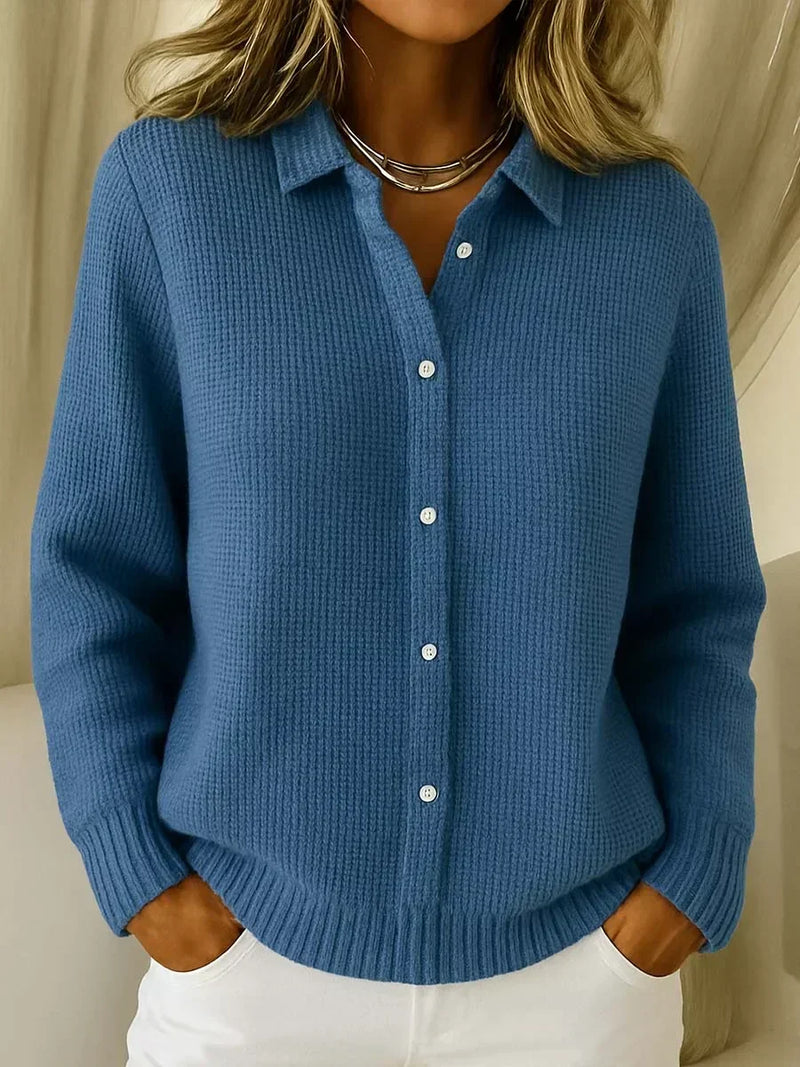 Button Up Cardigan Sweater for Women with Shirt Collar and Textured Knit in Dark Blue, front view