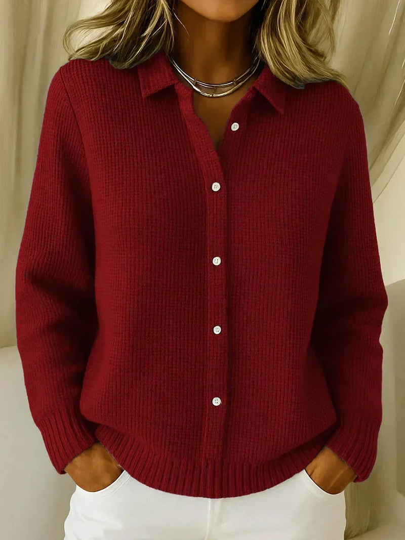 Button Up Cardigan Sweater for Women with Shirt Collar and Textured Knit in Wine Red, front view