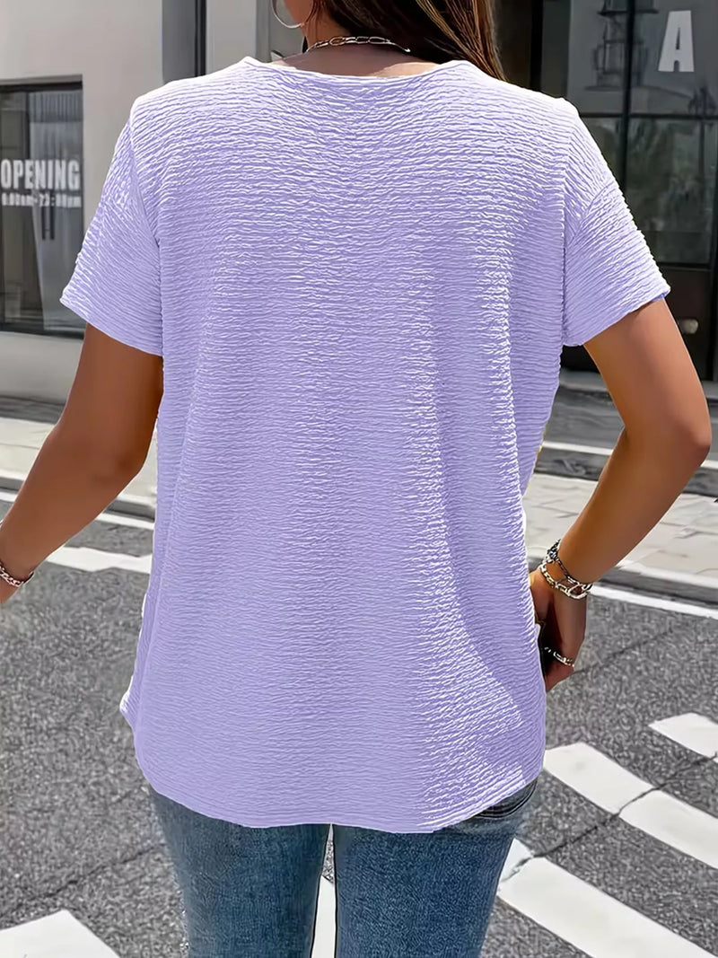 Henley Shirt for Women with Crinkle-Textured Knit and Short Sleeves in Lavender, back view