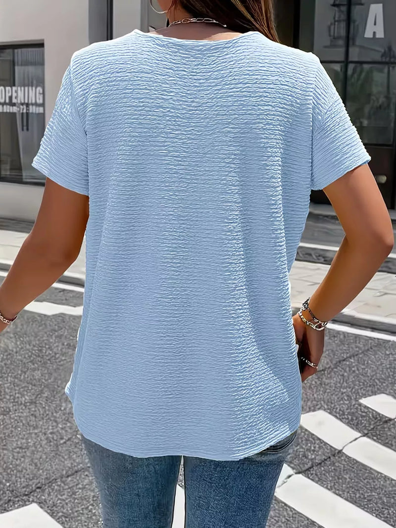 Henley Shirt for Women with Crinkle-Textured Knit and Short Sleeves in Light Blue, back view