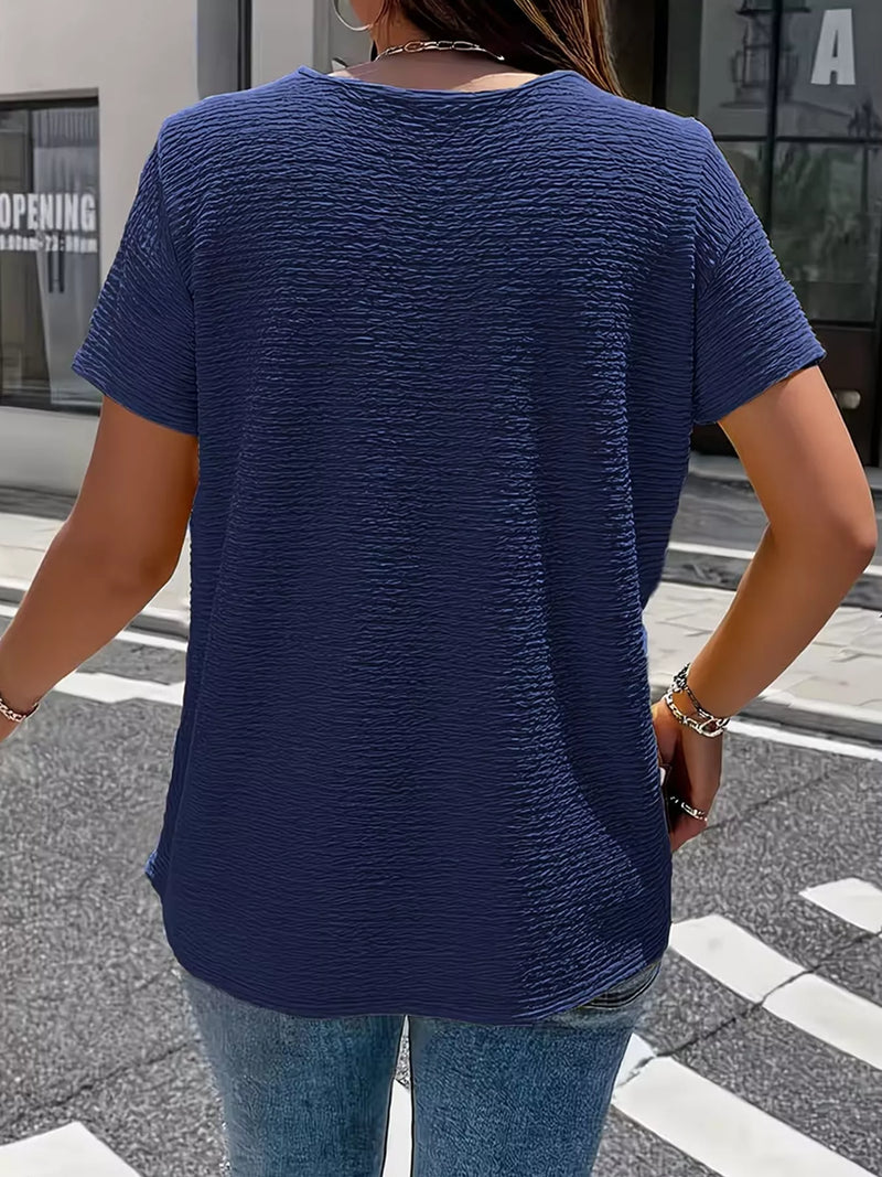 Henley Shirt for Women with Crinkle-Textured Knit and Short Sleeves in Navy, back view